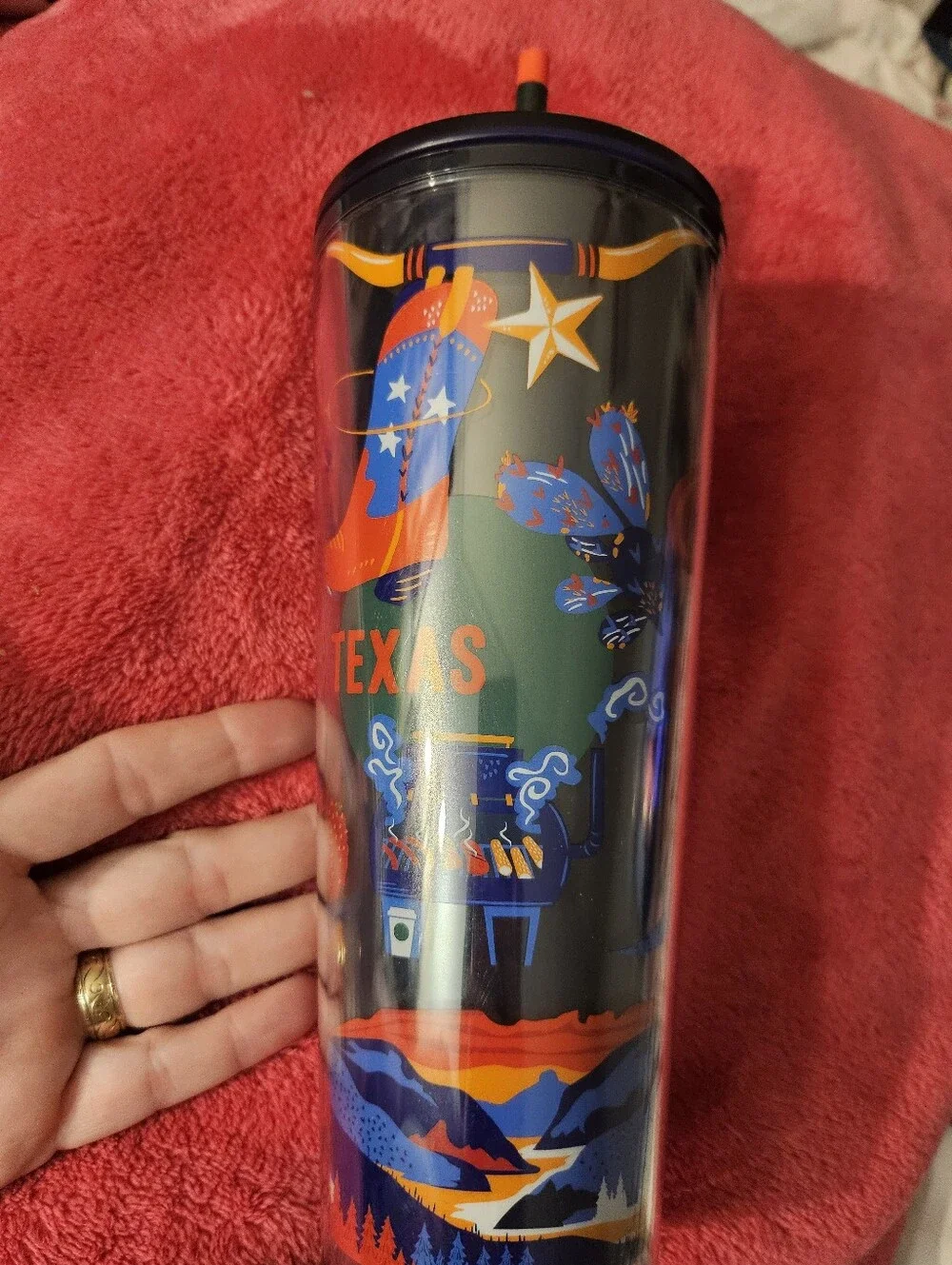 Starbucks Navy Tumbler with Orange and Blue Texas Design